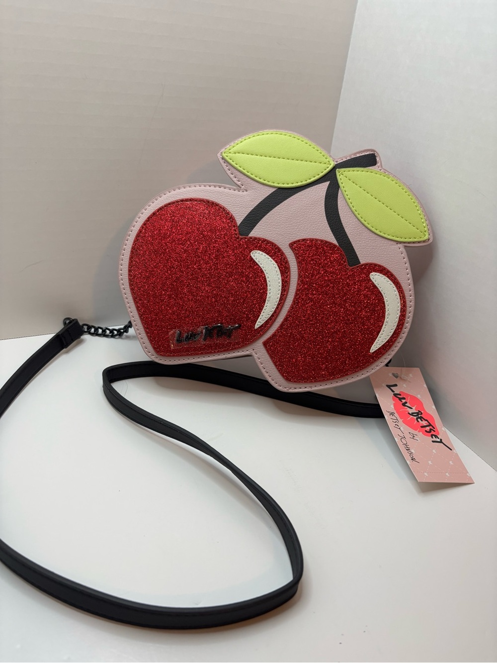 Luv Betsey Johnson Pink Crossbody Bag with Red Glittery Cherries